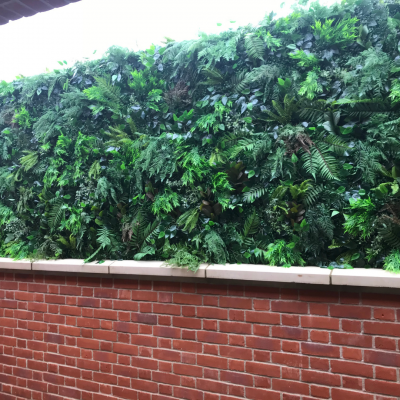 greenery flower wall, living wall, artificial foliage wall installed in a garden