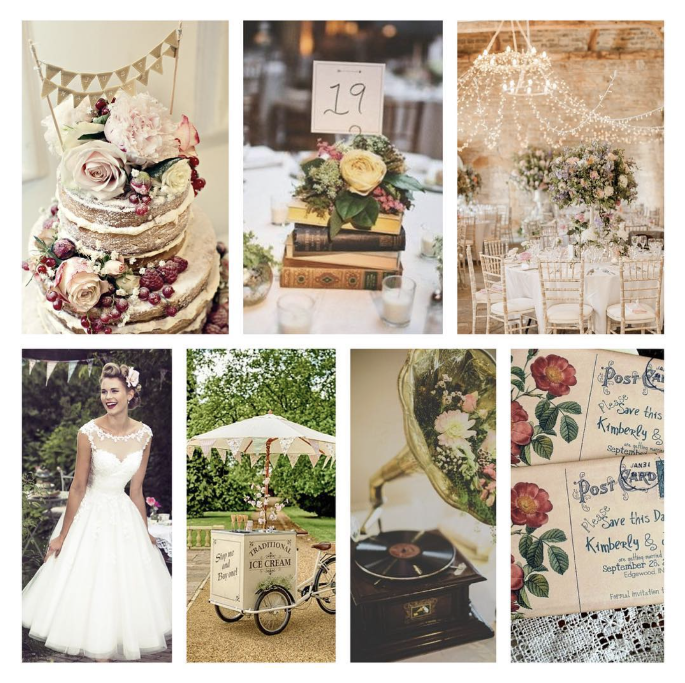 Vintage Decor Wedding Tips, vintage wedding cake and bunting, an ice cream cart wedding invitations and vintage wedding decorations
